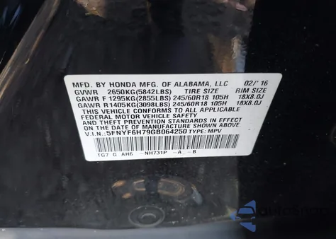 2016 Honda Pilot Ex-L z USA, uszkodzony, nr VIN 5FNYF6H79GB064250